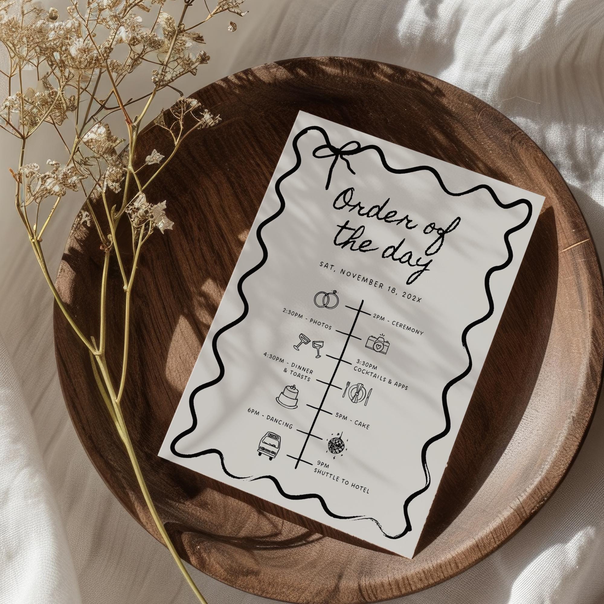 Wavy Wedding Welcome Bag Insert &amp; Timeline – Hand-Drawn Wedding Program Canva Template