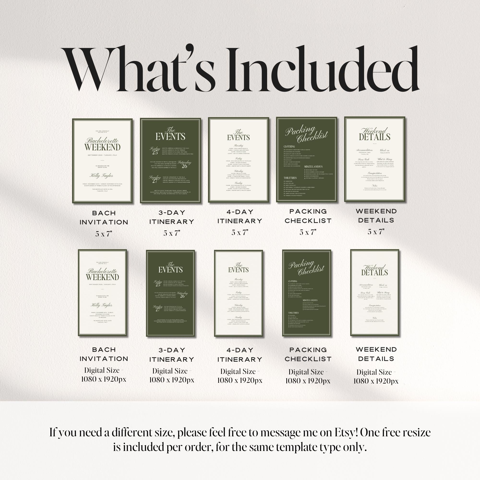 Old Money Olive Green Bachelorette Weekend Itinerary – Elegant Canva Template