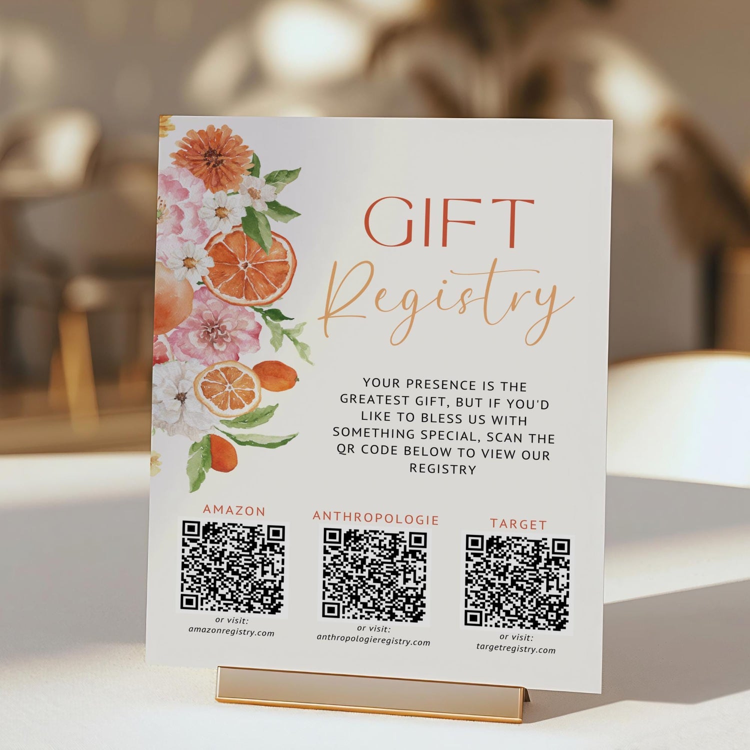 Citrus Gift Registry Bridal Shower Sign Template – Editable Wedding Registry QR Code Sign, Floral Citrus Shower Sign Canva Template