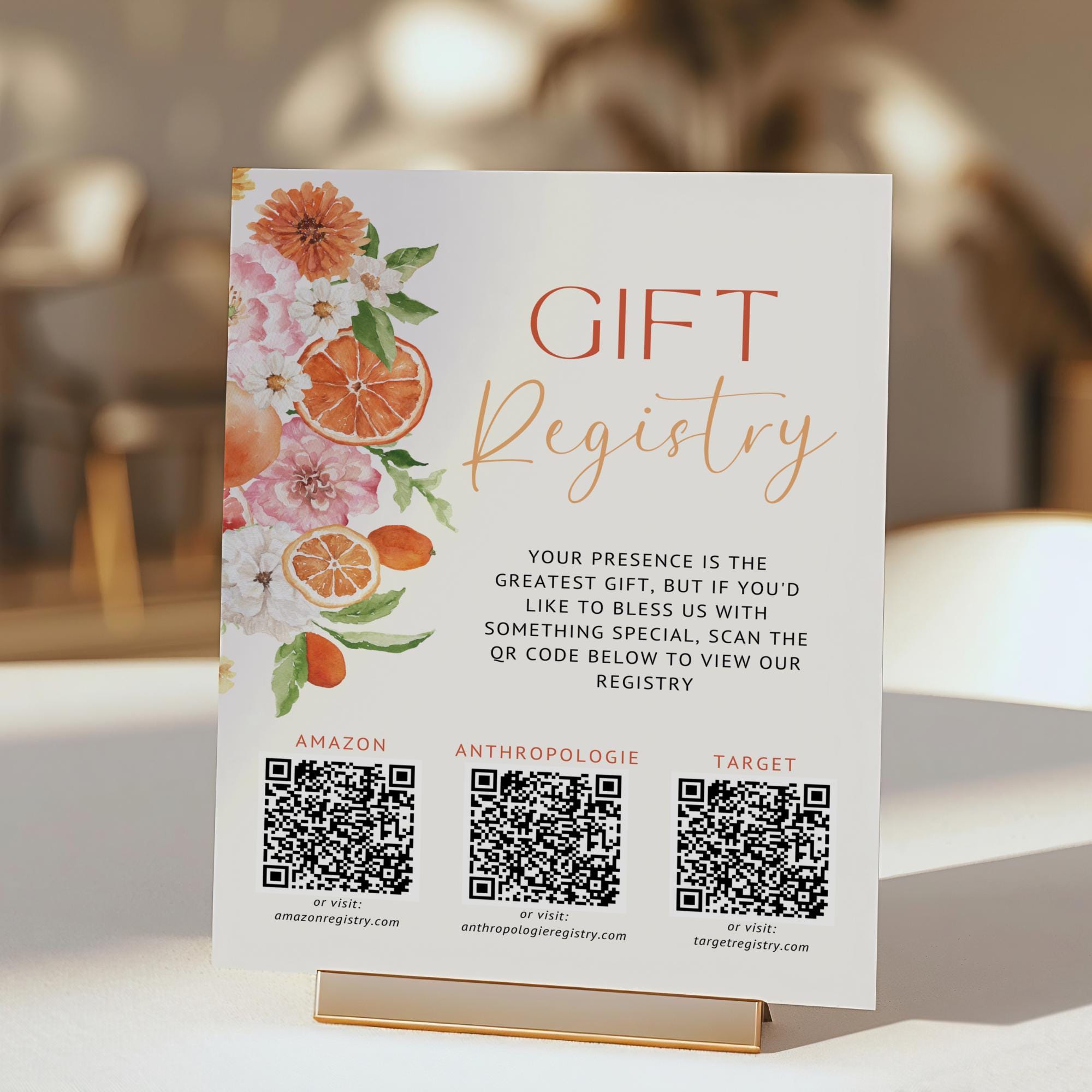Citrus Gift Registry Bridal Shower Sign Template – Editable Wedding Registry QR Code Sign, Floral Citrus Shower Sign Canva Template