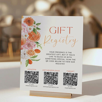 Citrus Gift Registry Bridal Shower Sign Template – Editable Wedding Registry QR Code Sign, Floral Citrus Shower Sign Canva Template
