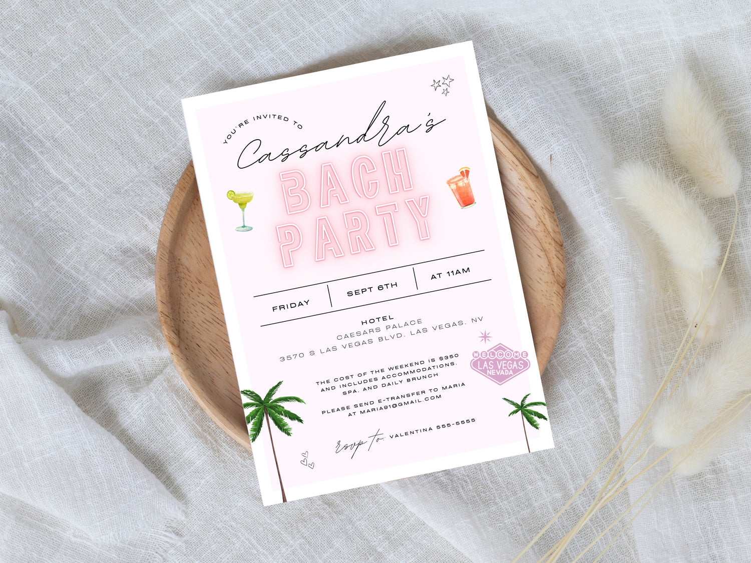Las Vegas Bachelorette Invitation &amp; Weekend Itinerary – Editable Canva Template Bundle