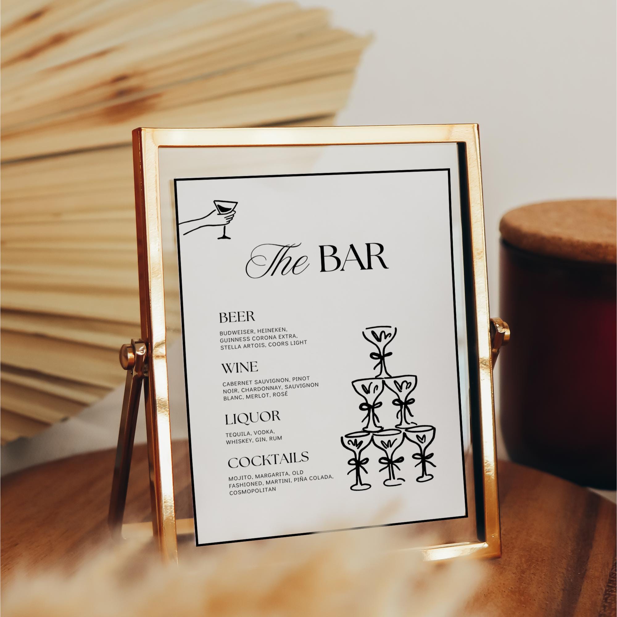 Wedding Bar Sign Template – Rehearsal Dinner Open Bar Sign &amp; Champagne Tower Menu – Editable Canva Design