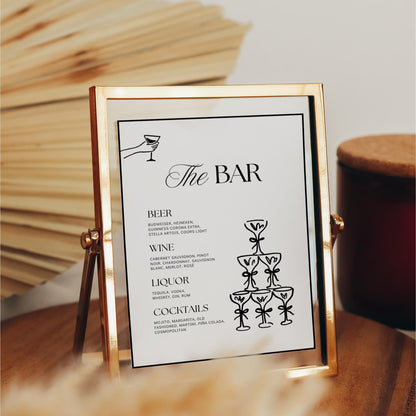 Wedding Bar Sign Template – Rehearsal Dinner Open Bar Sign &amp; Champagne Tower Menu – Editable Canva Design