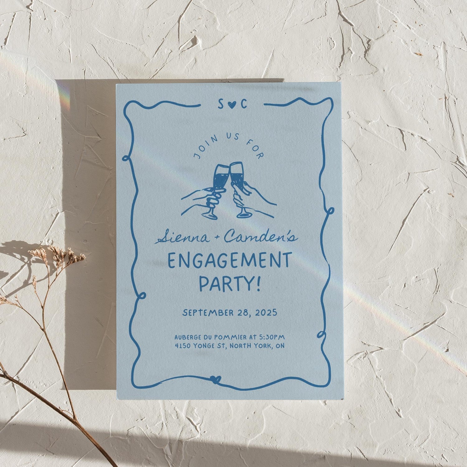 Blue Engagement Party Invitation – Whimsical Hand-Drawn Bridal Shower Invite Editable Canva Template