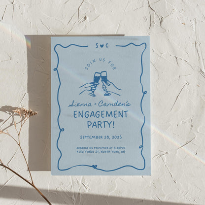 Blue Engagement Party Invitation – Whimsical Hand-Drawn Bridal Shower Invite Editable Canva Template