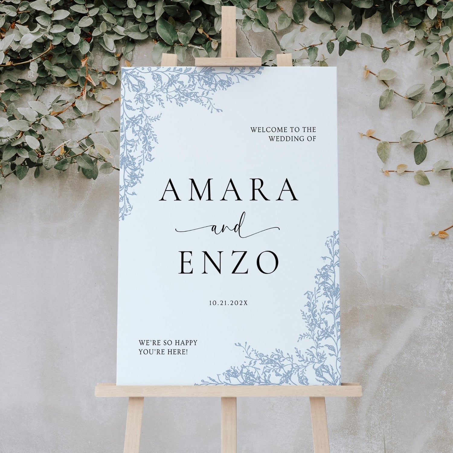 Dusty Blue Wedding Sign Template | Editable Floral Welcome Sign | Chinoiserie French Country Wedding Signage | Garden Wedding Canva DIY