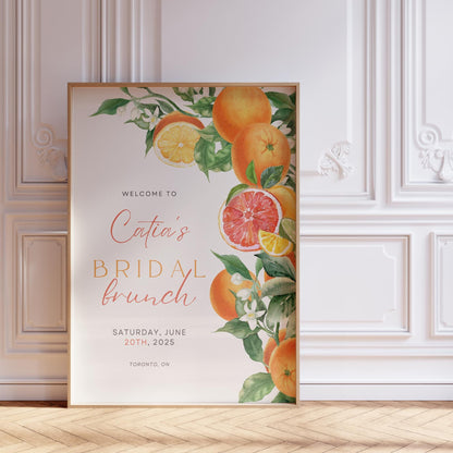 Orange Citrus Bridal Shower Sign Editable Template – “She Found Her Main Squeeze” Printable Floral Bridal Shower Decor (DIY Canva)