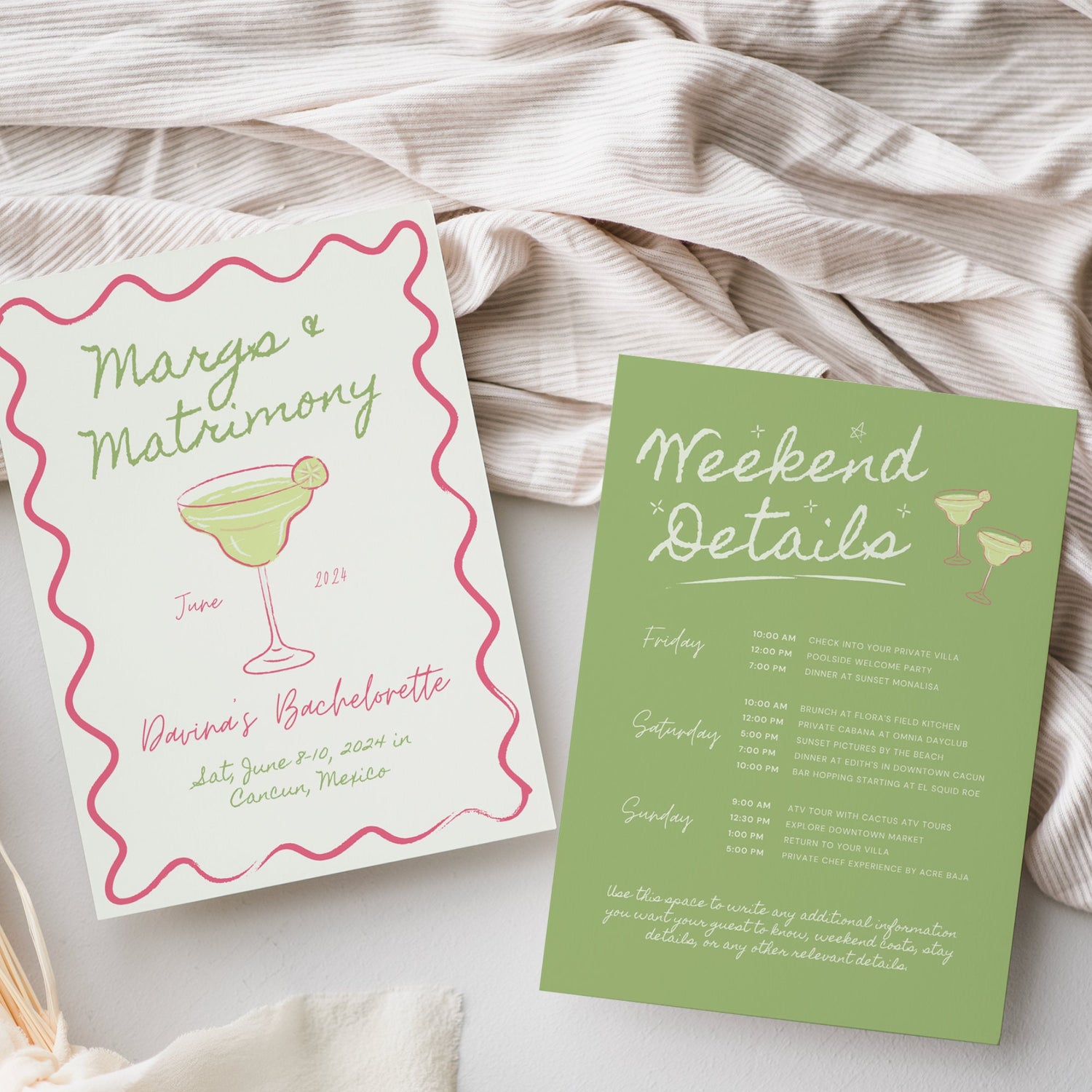 Margs &amp; Matrimony Bachelorette Invitation, Itinerary &amp; Packing List – Editable Canva Templates
