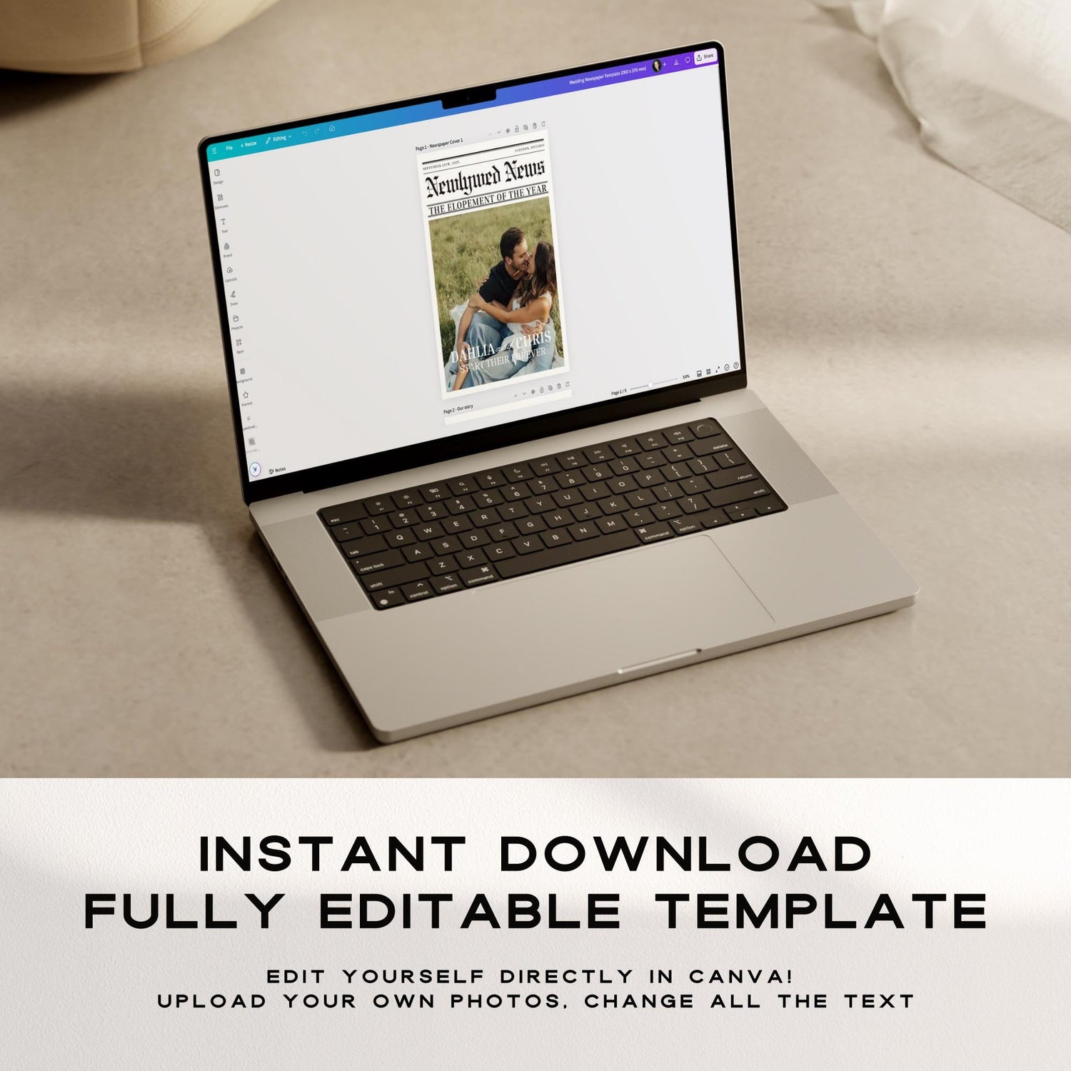 Photo Wedding Newspaper Template – Editable Newspaper Program &amp; Save the Date Canva