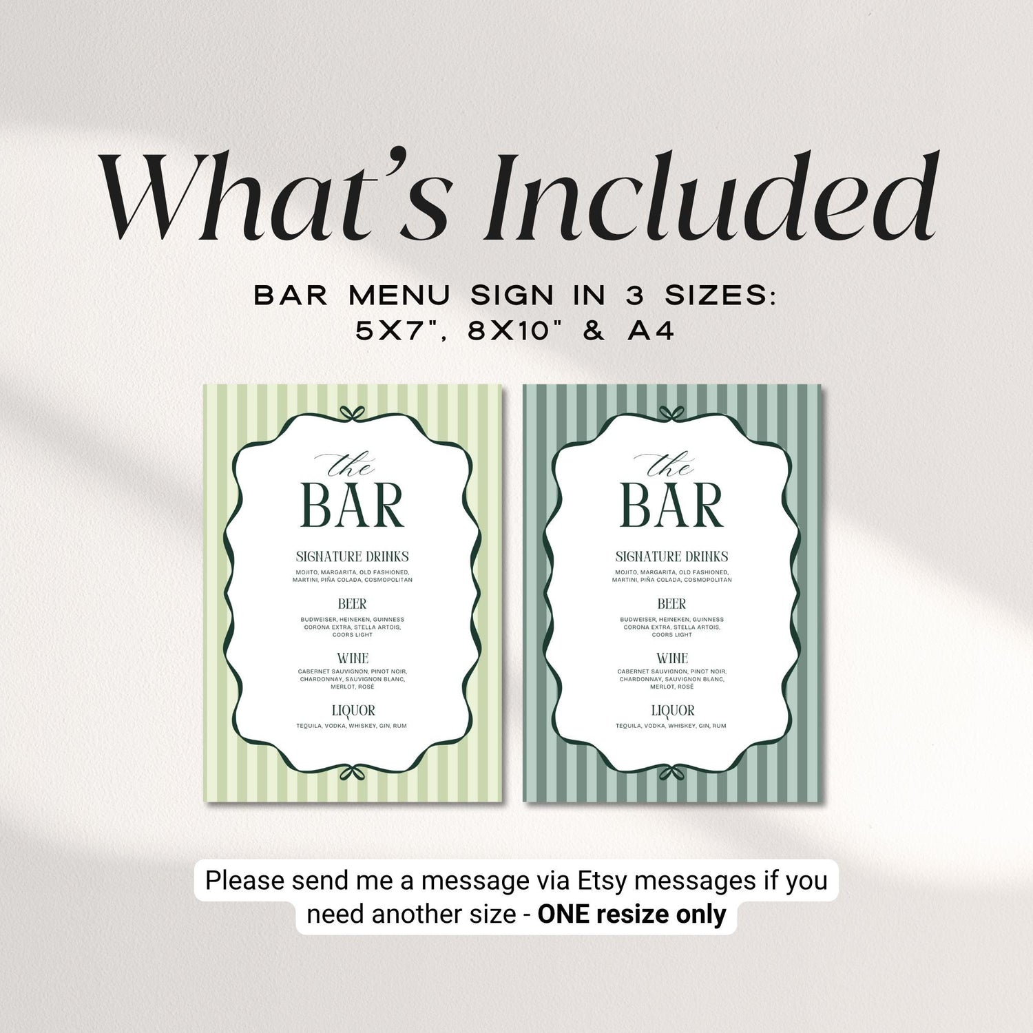 Old Money Aesthetic Bar Menu Sign – Elegant Striped Wedding Bar Sign Canva Template