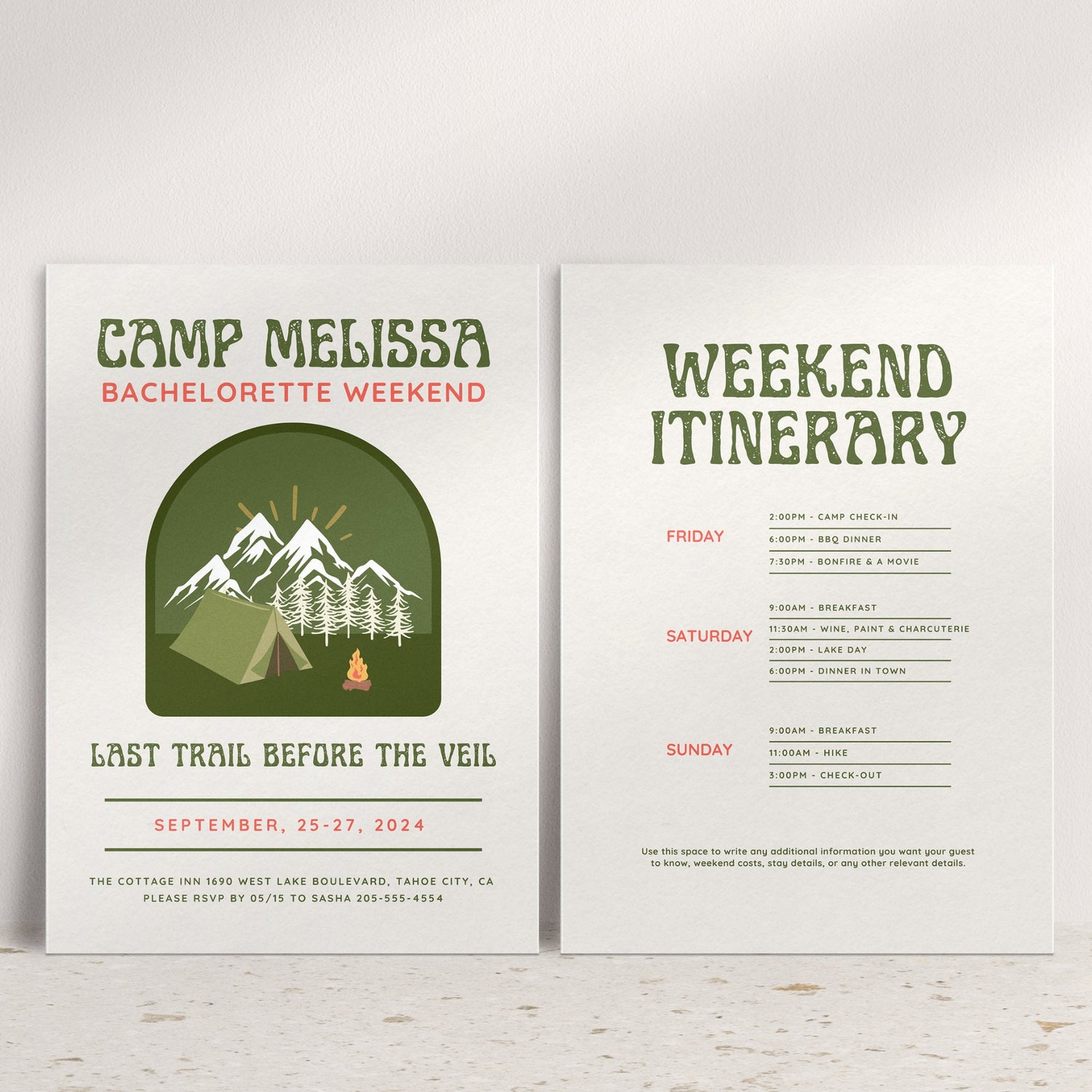 Camp Bachelorette Party Invitation, Itinerary &amp; Packing List Template | Last Trail Before the Veil | Girls Trip Weekend | Camping Bachelorette Printable