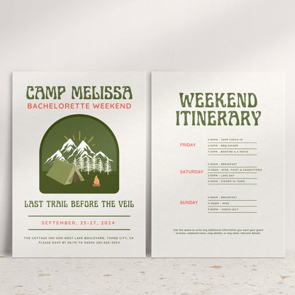 Camp Bachelorette Party Invitation, Itinerary &amp; Packing List Template | Last Trail Before the Veil | Girls Trip Weekend | Camping Bachelorette Printable
