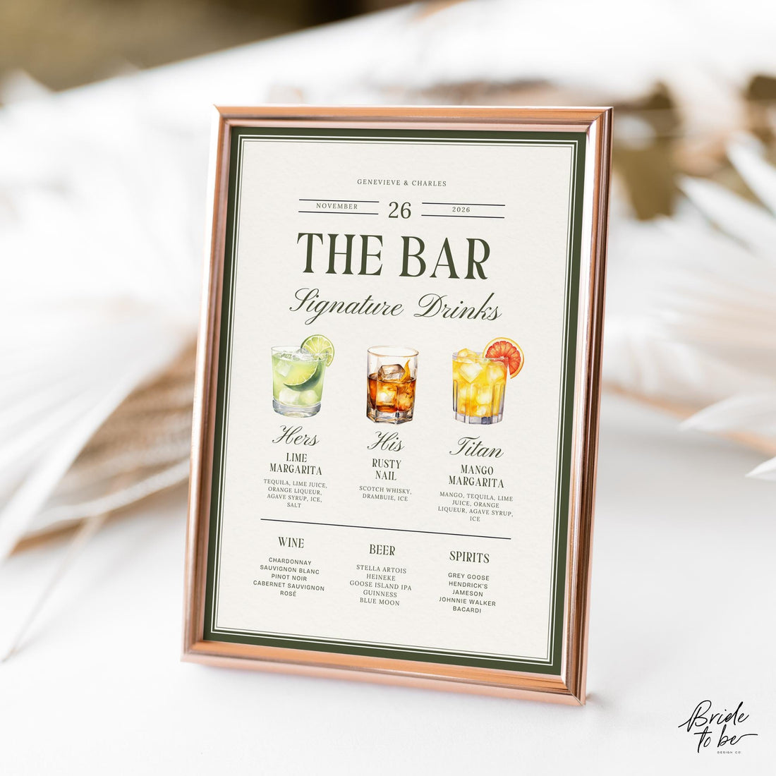Old Money Olive Green Signature Drinks Sign – Classic Wedding Bar Canva Template