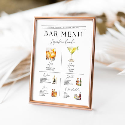 Wedding Bar Menu Sign Template – Modern Signature Drinks &amp; His and Hers Cocktails Canva DIY