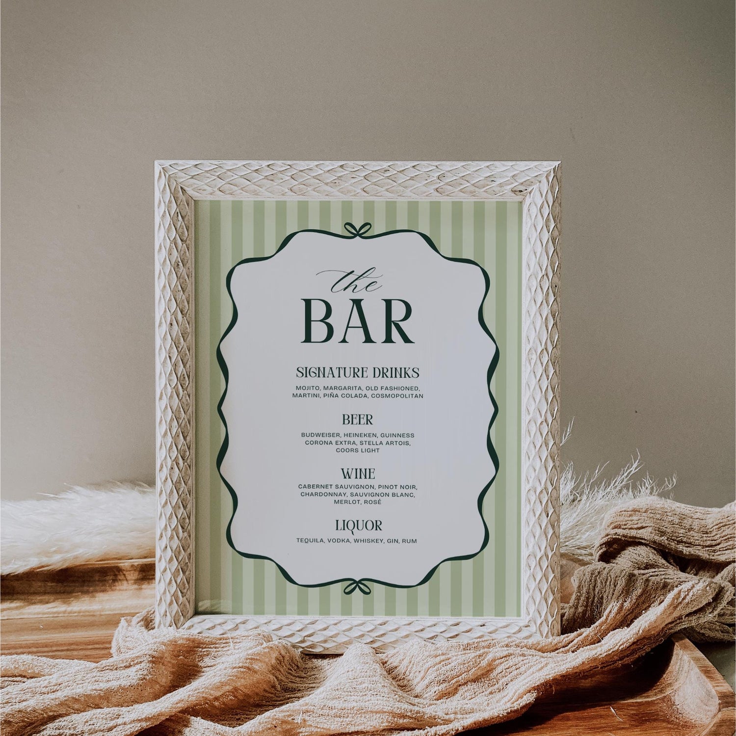 Old Money Aesthetic Bar Menu Sign – Elegant Striped Wedding Bar Sign Canva Template