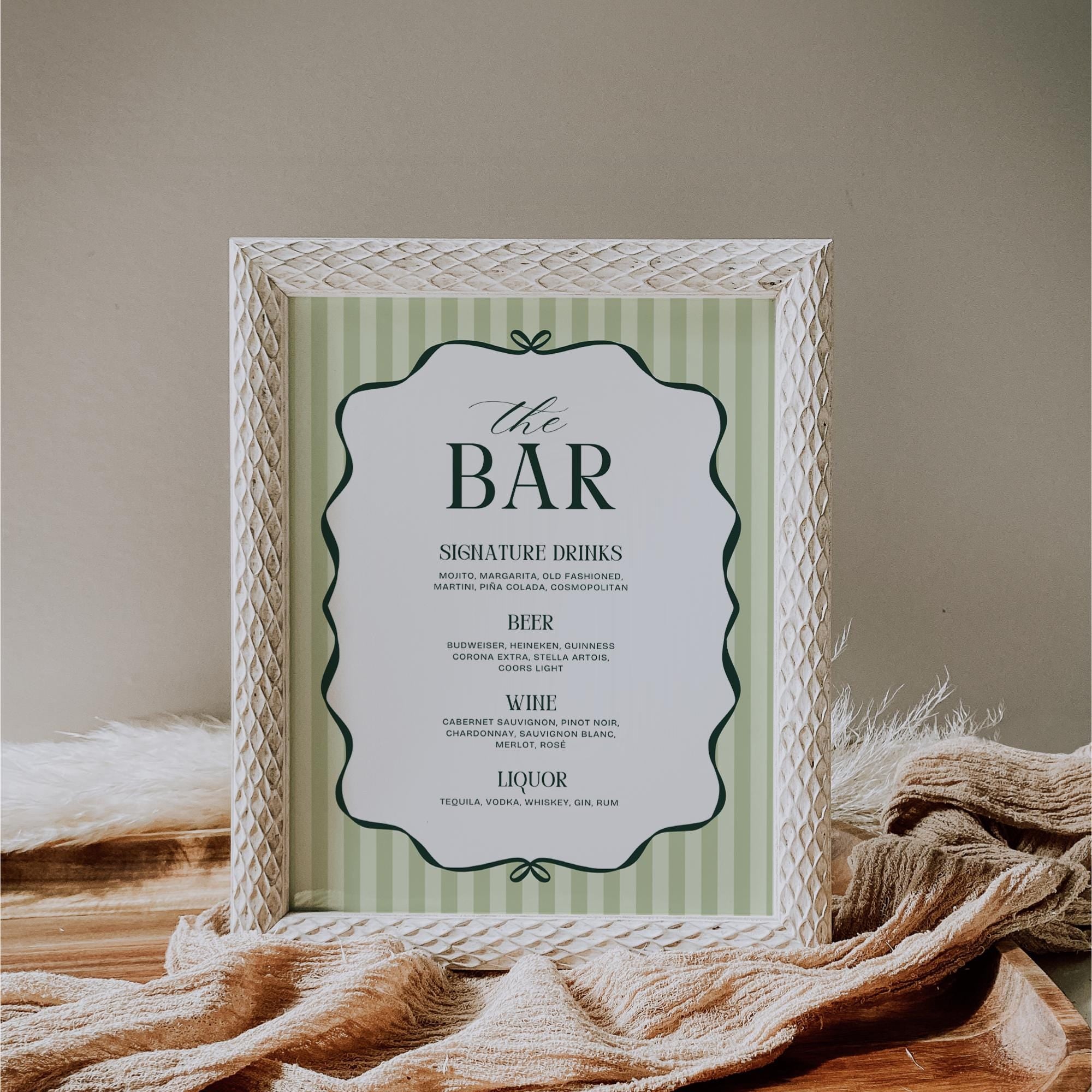 Old Money Aesthetic Bar Menu Sign – Elegant Striped Wedding Bar Sign Canva Template