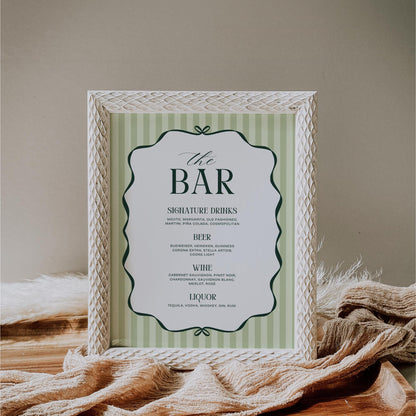 Old Money Aesthetic Bar Menu Sign – Elegant Striped Wedding Bar Sign Canva Template
