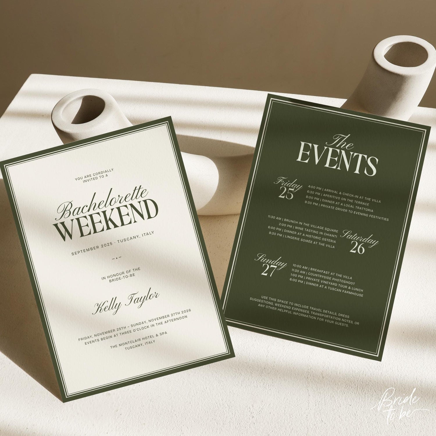 Old Money Olive Green Bachelorette Weekend Itinerary – Elegant Canva Template