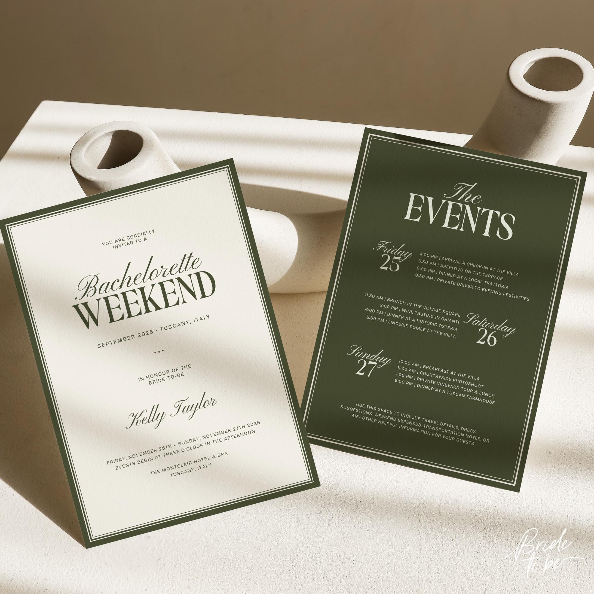 Old Money Olive Green Bachelorette Weekend Itinerary – Elegant Canva Template
