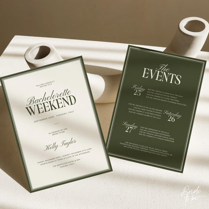 Old Money Olive Green Bachelorette Weekend Itinerary – Elegant Canva Template