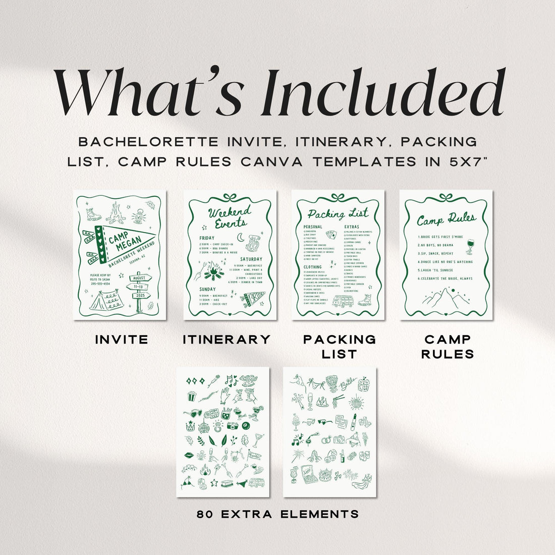 Camp Bachelorette Invitation &amp; Itinerary Bundle – Girls Weekend Canva Template Set