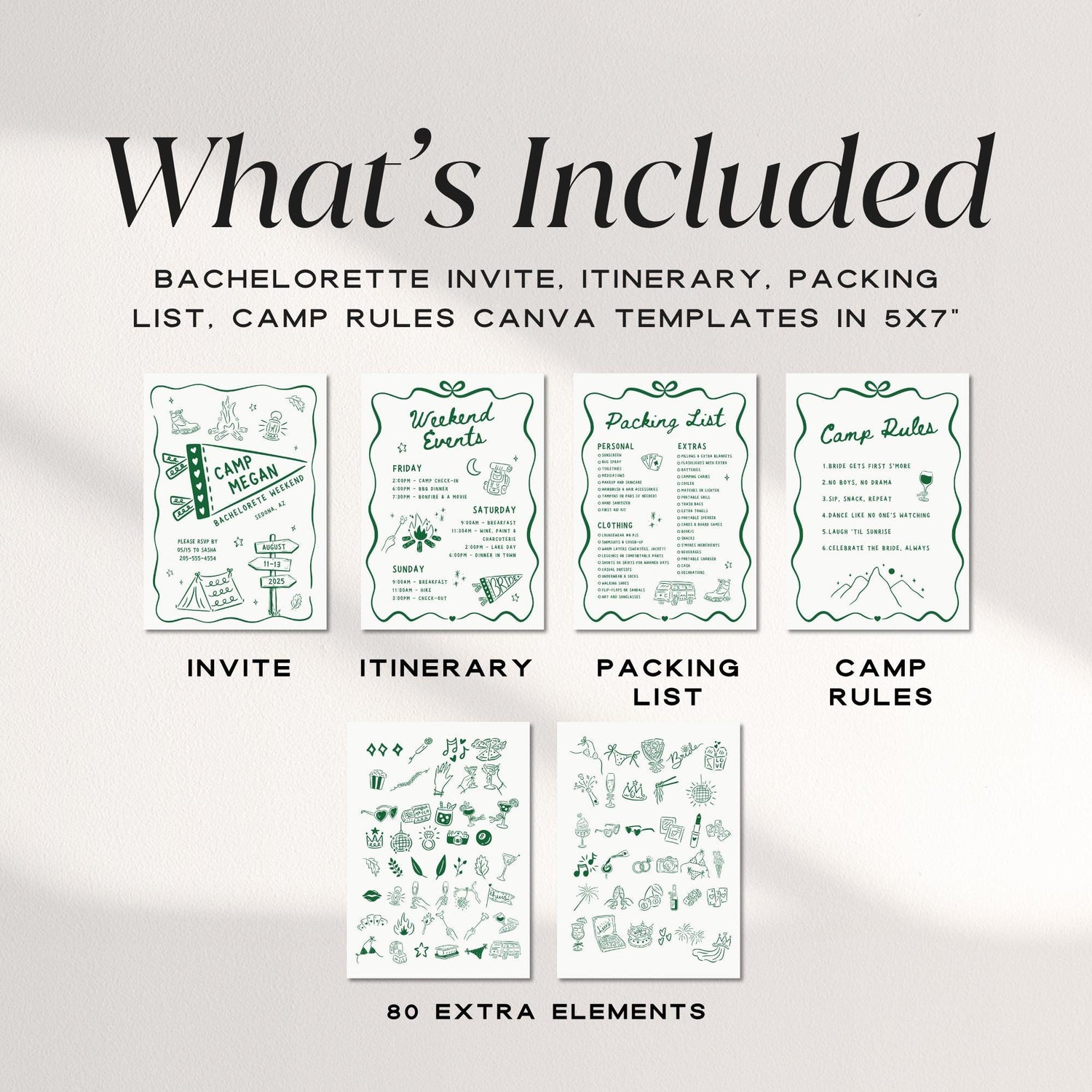 Camp Bachelorette Invitation &amp; Itinerary Bundle – Girls Weekend Canva Template Set