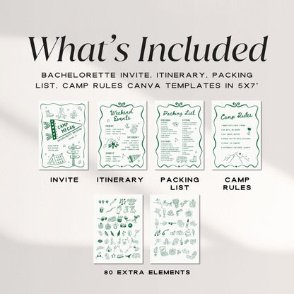 Camp Bachelorette Invitation &amp; Itinerary Bundle – Girls Weekend Canva Template Set