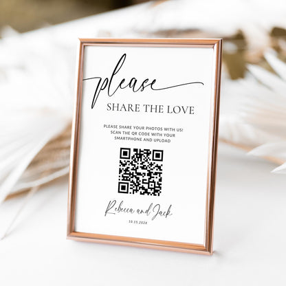 Share the Love Wedding QR Code Sign, Editable Wedding Photo Sign, Minimalist Reception Sign, Modern Wedding Table Sign Canva Template DIY