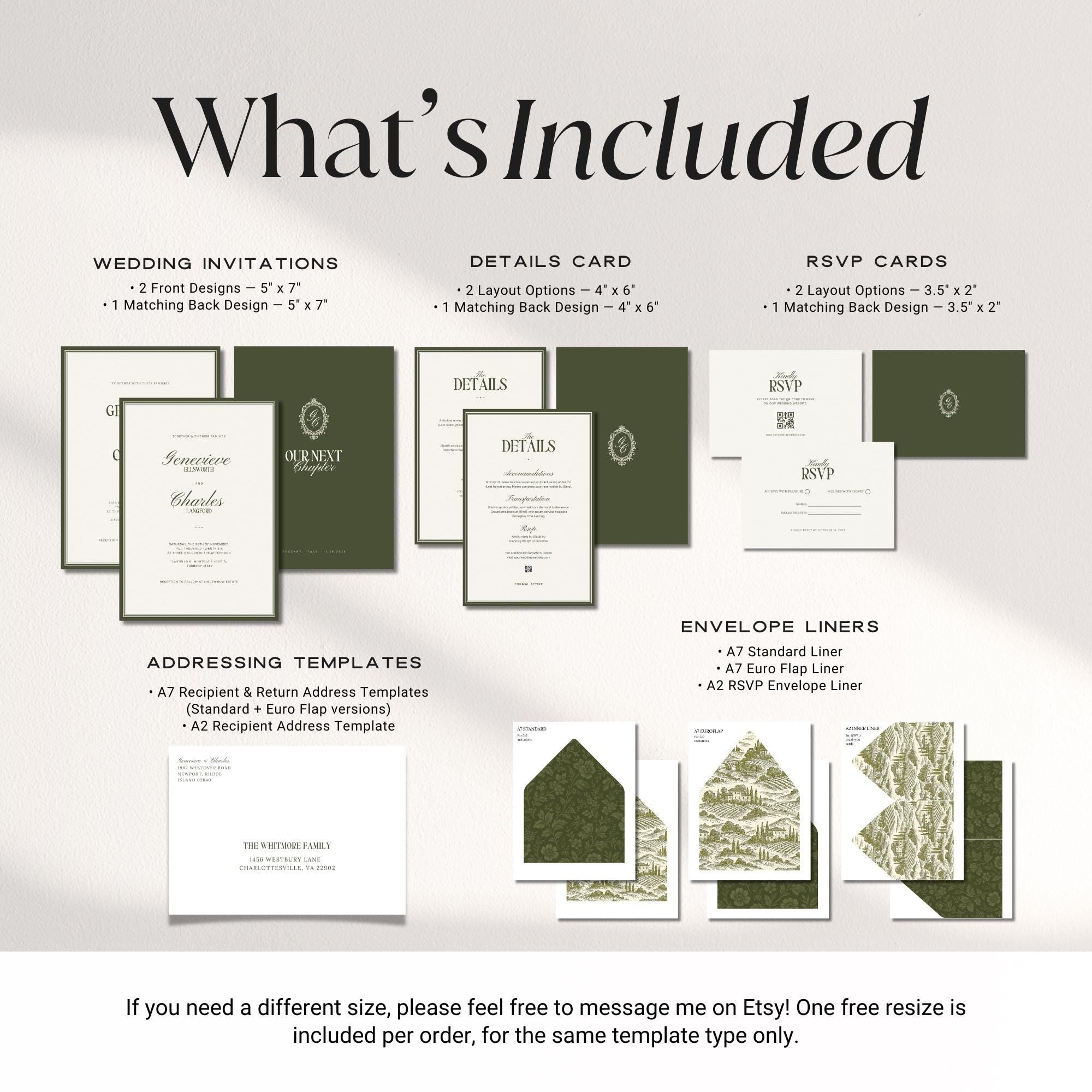Old Money Olive Green Wedding Invitation Suite – Estate Canva Template