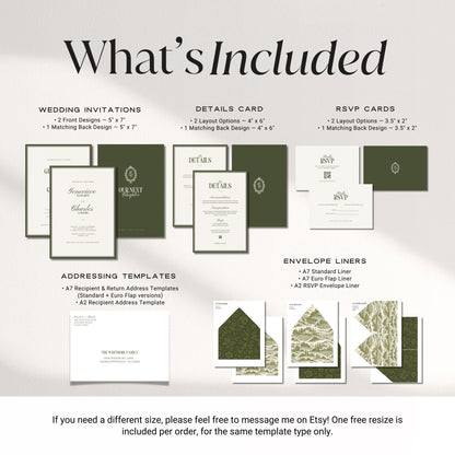 Old Money Olive Green Wedding Invitation Suite – Estate Canva Template