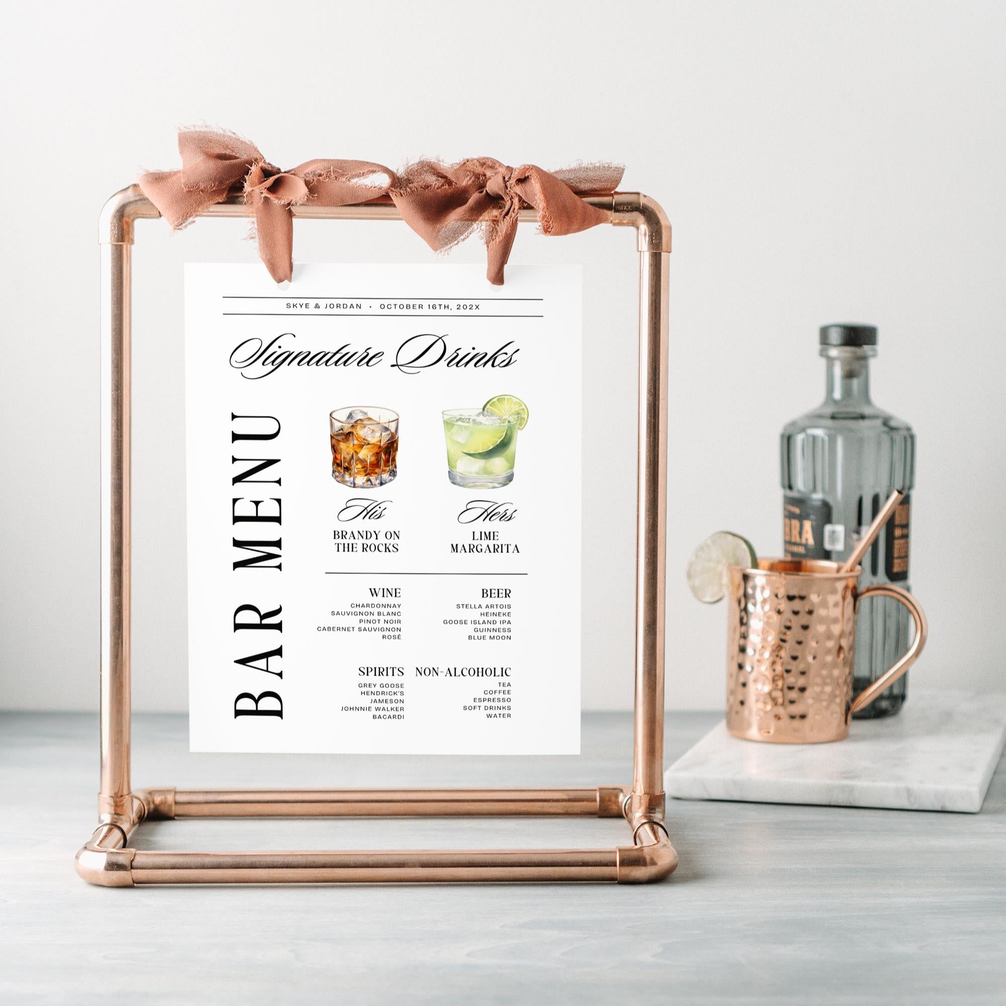 Signature Drink Sign – Old Money Wedding Bar Menu Template, His &amp; Hers Cocktail Canva DIY