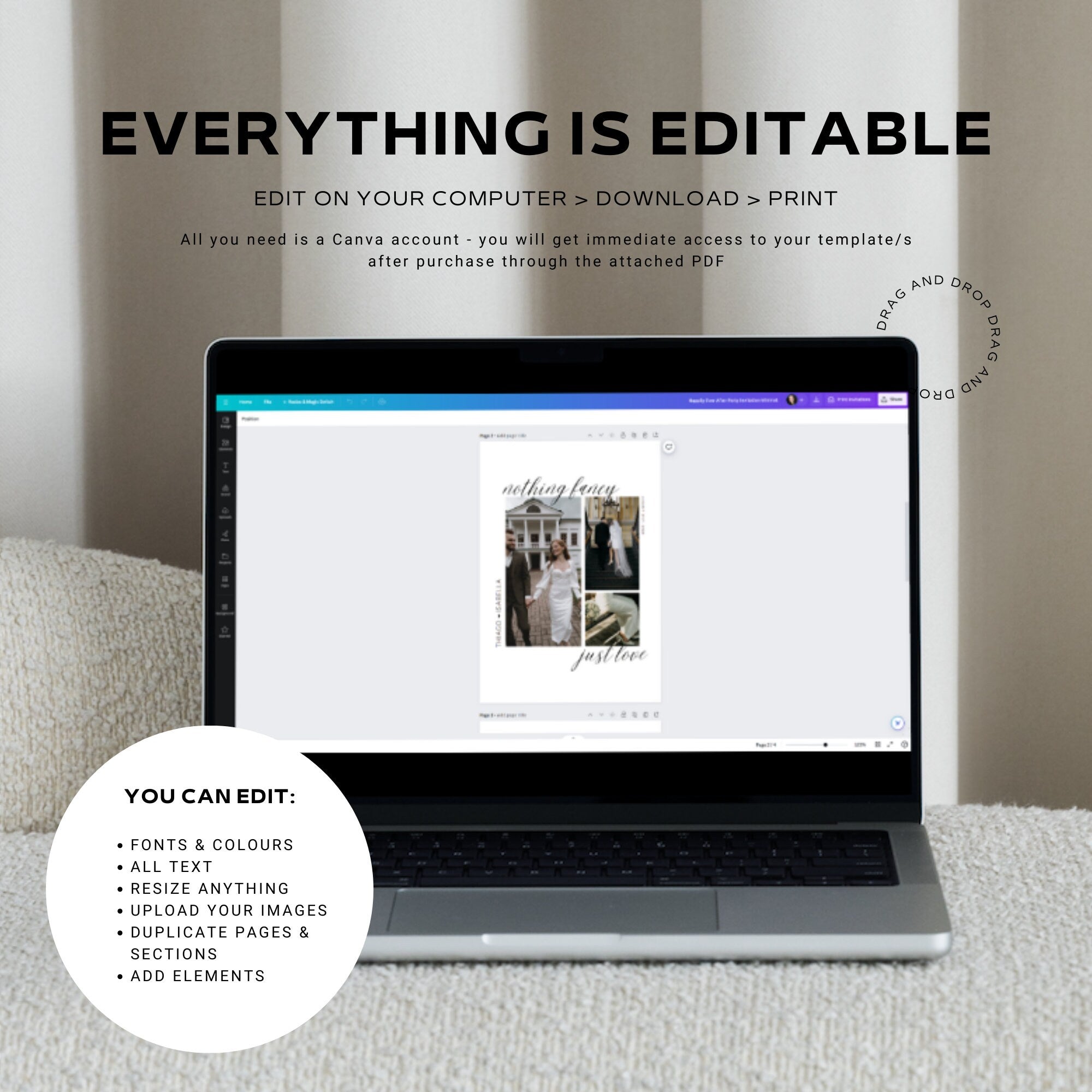 Nothing Fancy Just Love Elopement Announcement – Minimal Photo Elopement Invitation Canva Template
