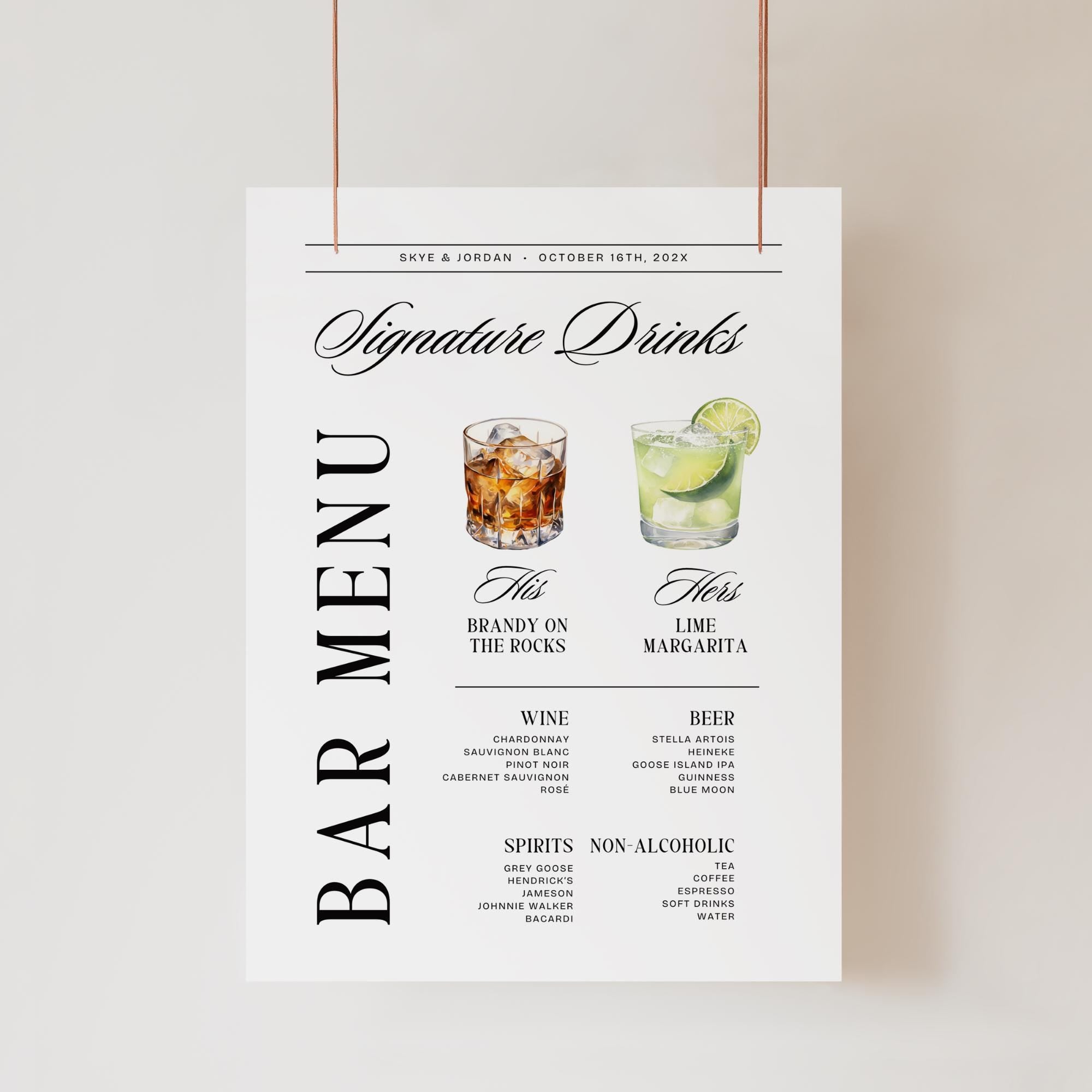Signature Drink Sign – Old Money Wedding Bar Menu Template, His &amp; Hers Cocktail Canva DIY
