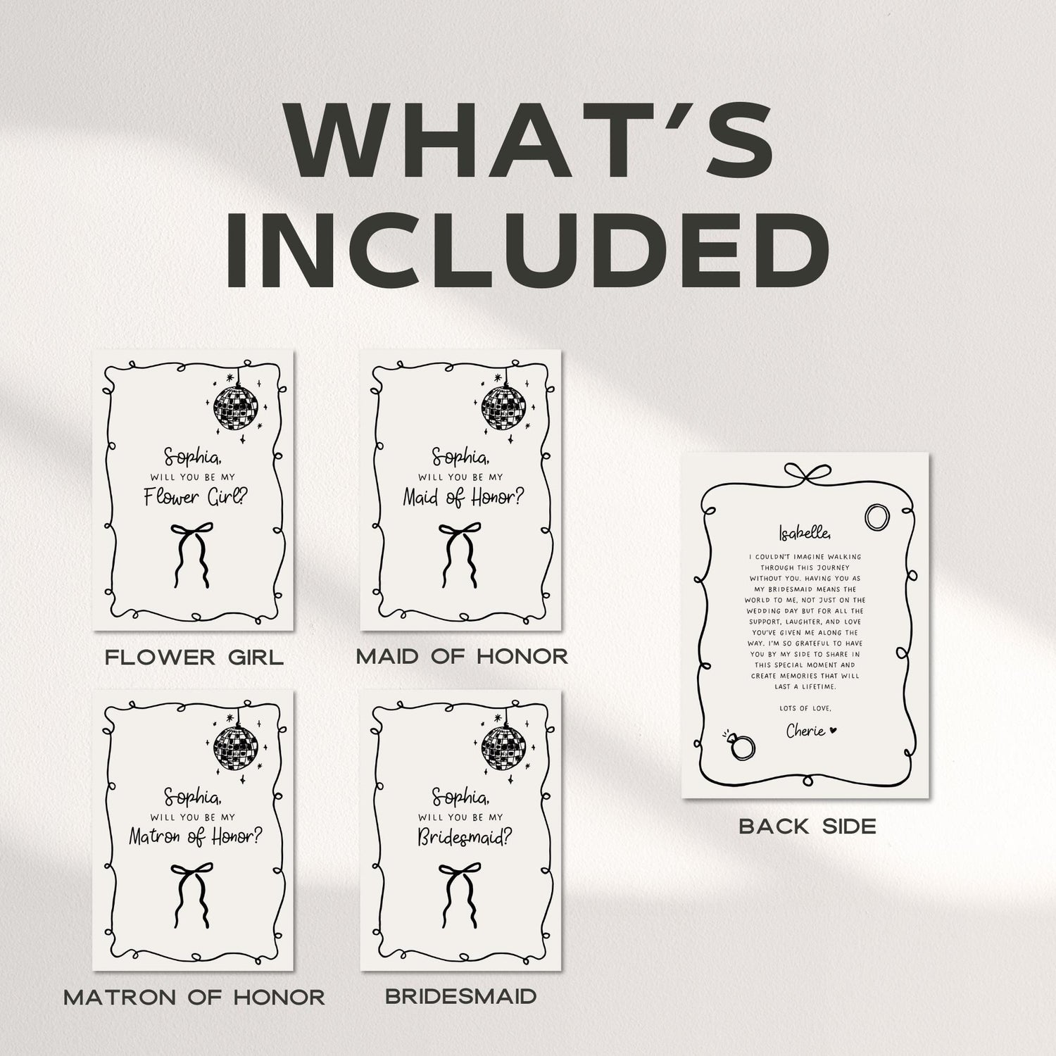 Whimsical Bridesmaid Proposal Card Template – Hand-Drawn Bow Bridal Party Cards