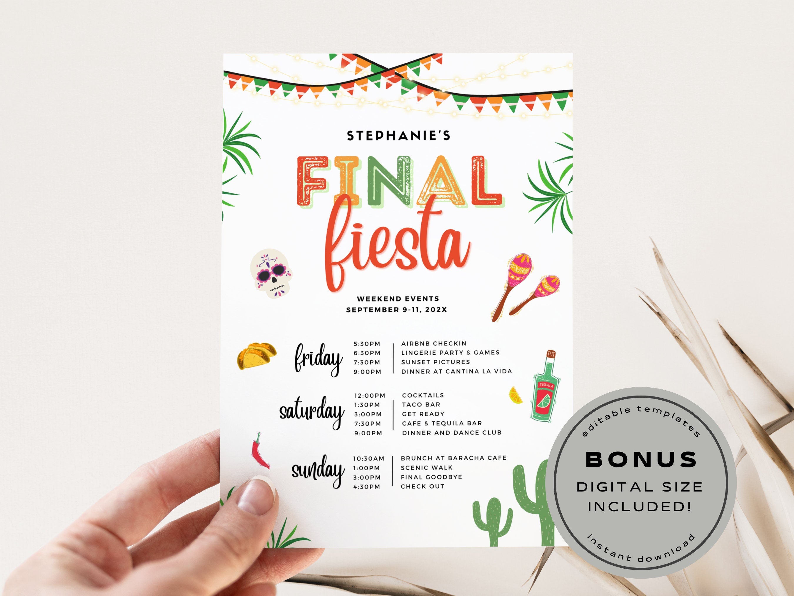 Final Fiesta Bachelorette Itinerary Template – Fiesta Weekend Schedule Canva DIY