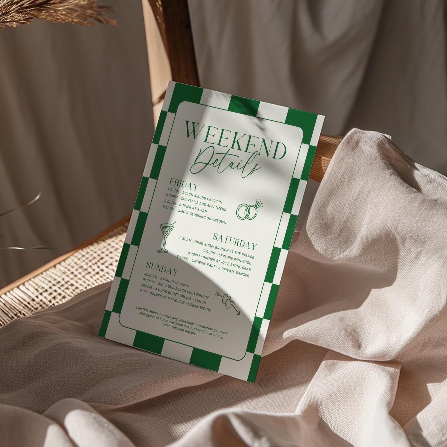 Bride In a Tini Bit Bachelorette Itinerary &amp; Invitation – Martini Bachelorette Canva Template Bundle