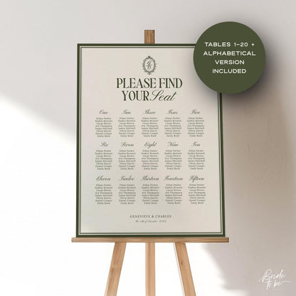 Old Money Olive Green Seating Chart Template – Elegant Wedding Seating Sign – Editable Canva Layouts