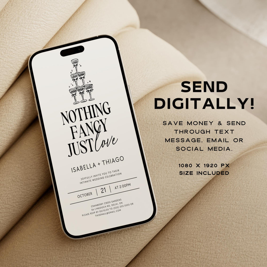 Nothing Fancy Just Love Invitation – Minimalist Elopement Announcement &amp; Modern Canva Template