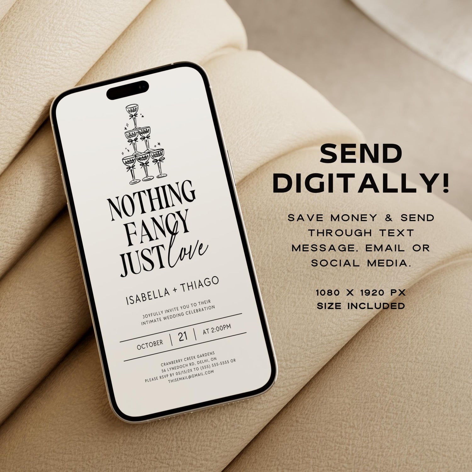 Nothing Fancy Just Love Invitation – Minimalist Elopement Announcement &amp; Modern Canva Template