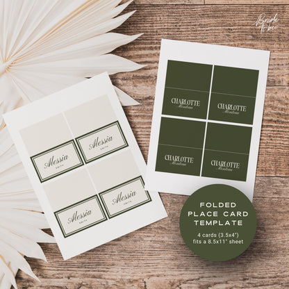 Olive Green Old Money Place Cards – Luxury Flat &amp; Folded Canva Templates