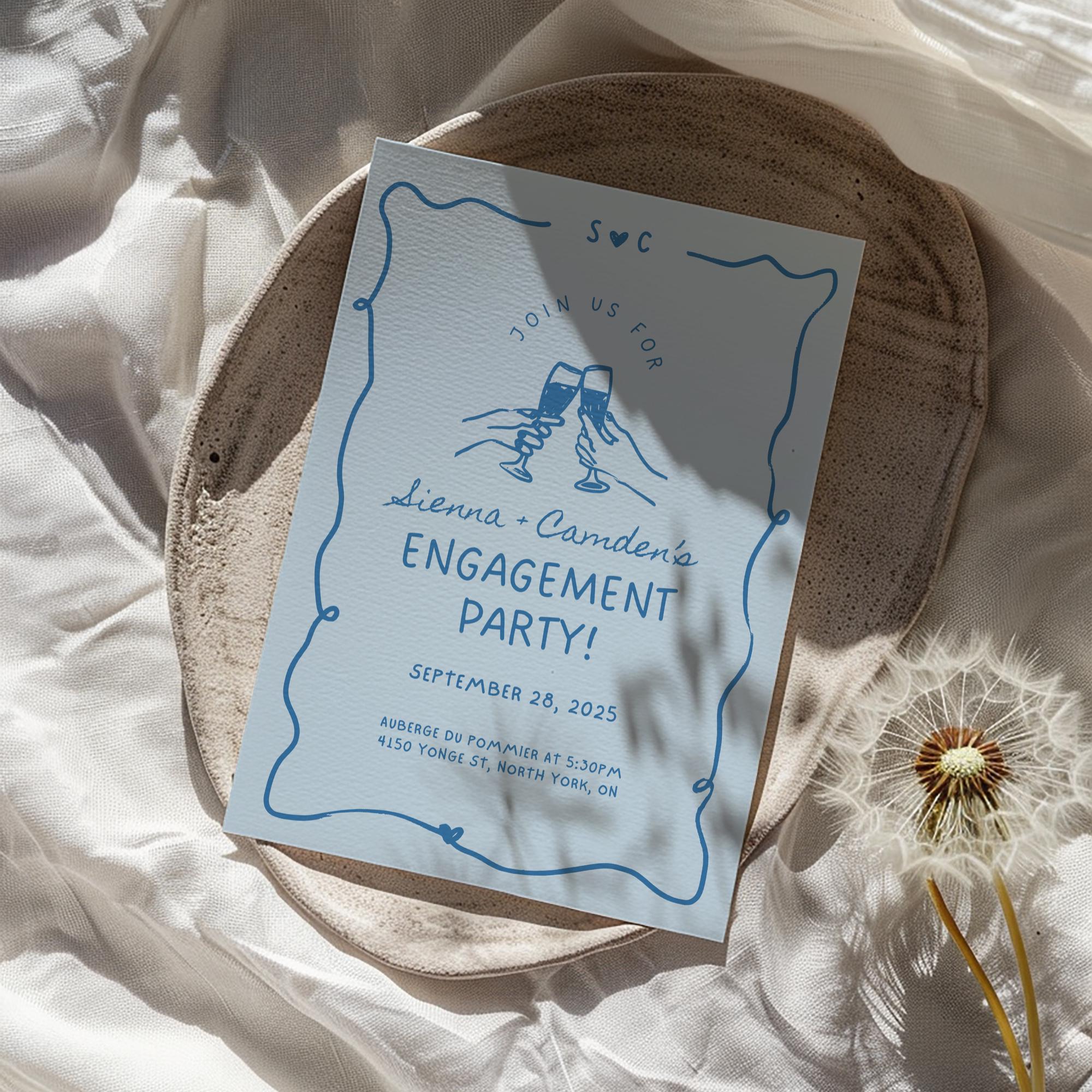 Blue Engagement Party Invitation – Whimsical Hand-Drawn Bridal Shower Invite Editable Canva Template