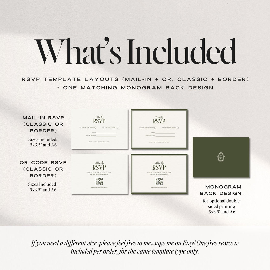 Olive Green Wedding RSVP Card Template – Old Money Canva Design with Monogram Back