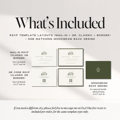 Olive Green Wedding RSVP Card Template – Old Money Canva Design with Monogram Back