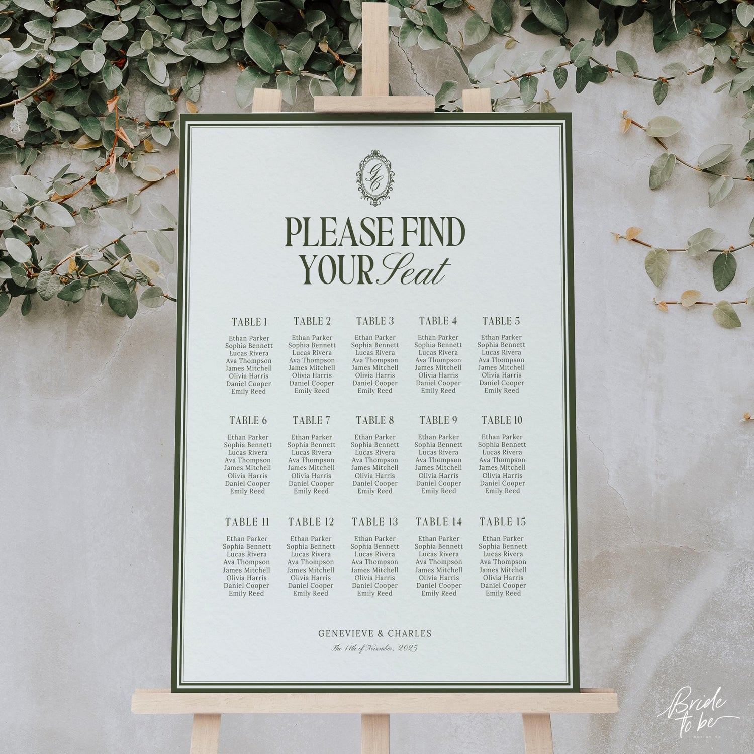 Old Money Olive Green Seating Chart Template – Elegant Wedding Seating Sign – Editable Canva Layouts