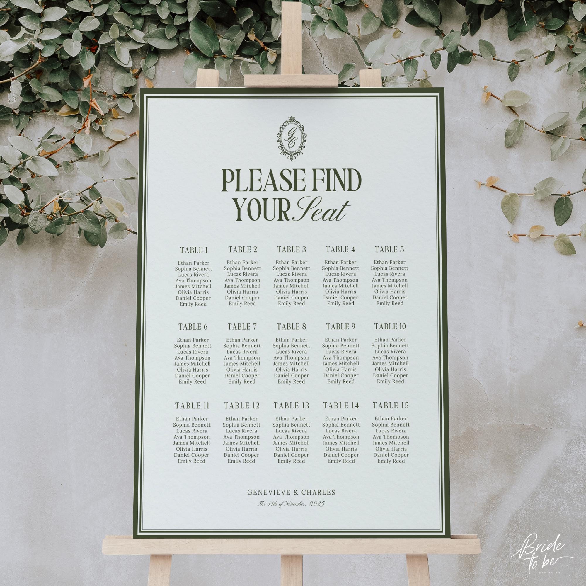 Old Money Olive Green Seating Chart Template – Elegant Wedding Seating Sign – Editable Canva Layouts