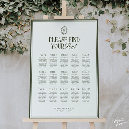 Old Money Olive Green Seating Chart Template – Elegant Wedding Seating Sign – Editable Canva Layouts