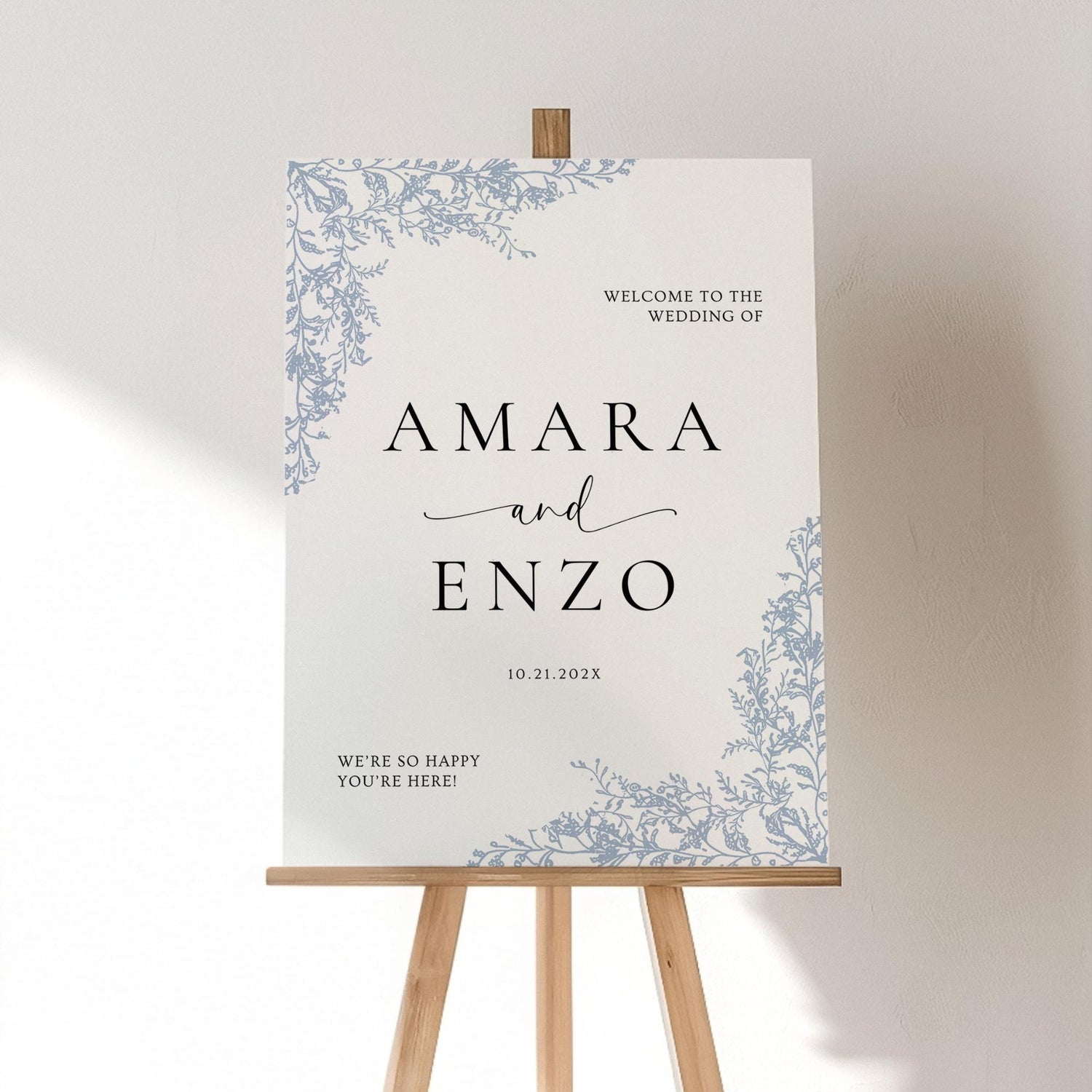 Dusty Blue Wedding Sign Template | Editable Floral Welcome Sign | Chinoiserie French Country Wedding Signage | Garden Wedding Canva DIY