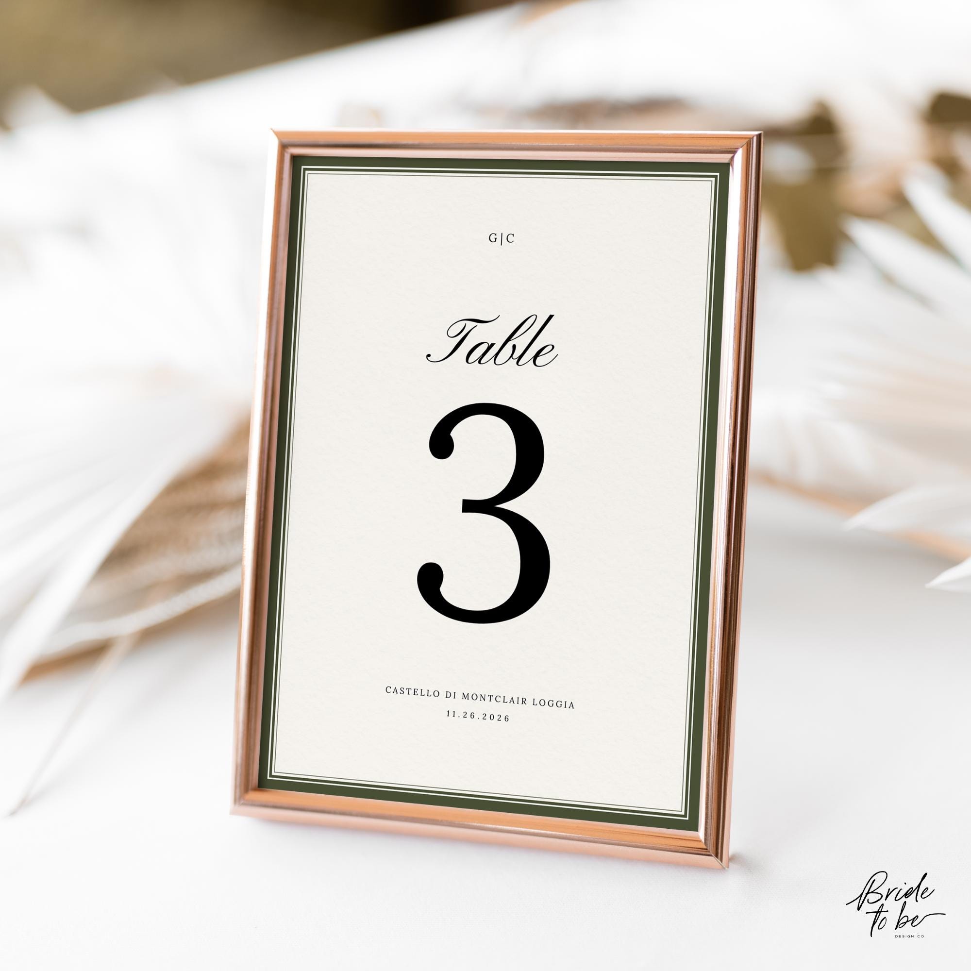 Old Money Olive Green Table Numbers 1–20 – Elegant Classic Wedding Table Cards – Editable Canva Template