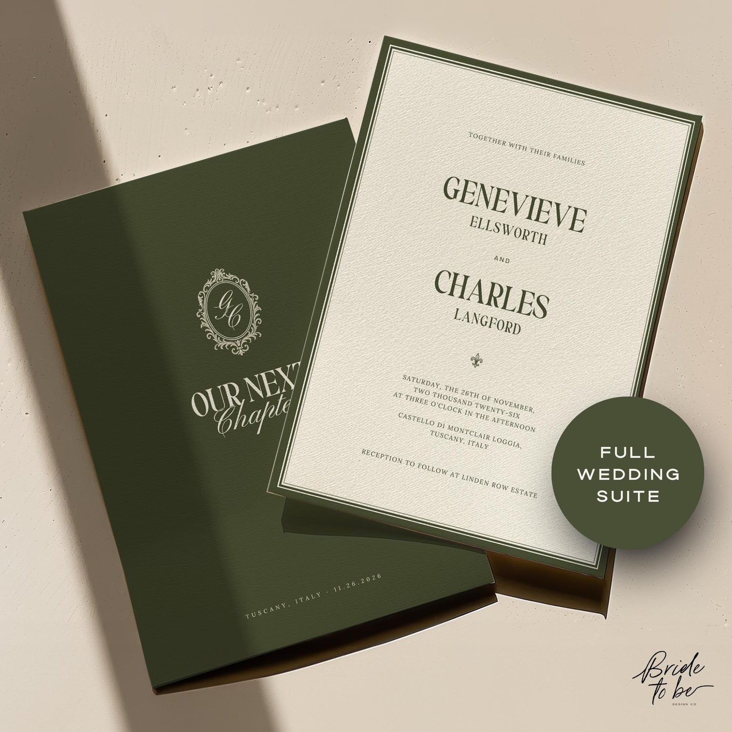 Old Money Olive Green Wedding Invitation Suite – Estate Canva Template